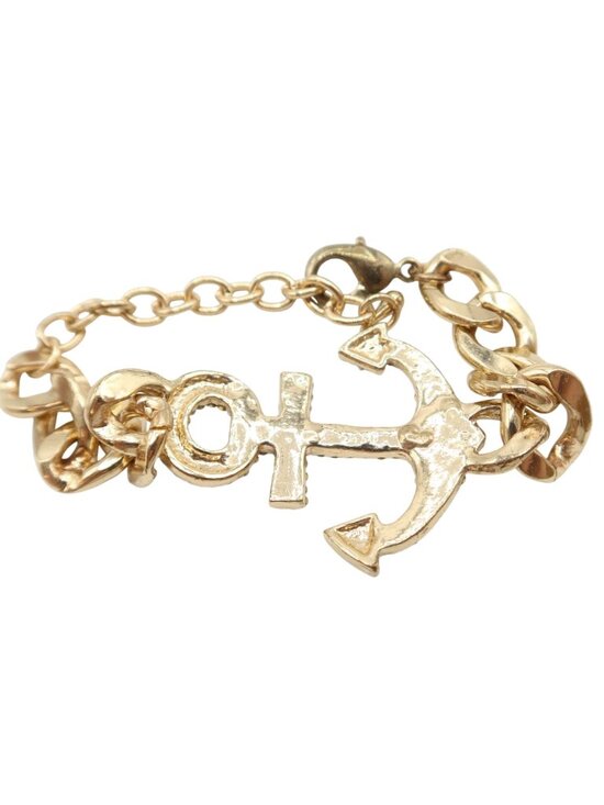Gold Tone Crystal Anchor Curb Link Chunky Chain Bracelet 6"-8.5" Nautical Preppy - Picture 6 of 7